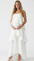 white tiered ruffle maternity maxi dress with spaghetti straps and layered ruffles