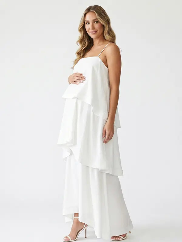 white tiered ruffle maternity maxi dress with spaghetti straps and layered ruffles