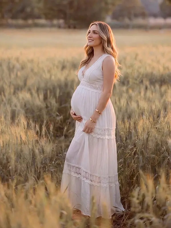 White V-Neck Maternity Dress, Boho Lace Maternity Maxi Dress for Baby Shower and Maternity Photoshoot | Bumplook