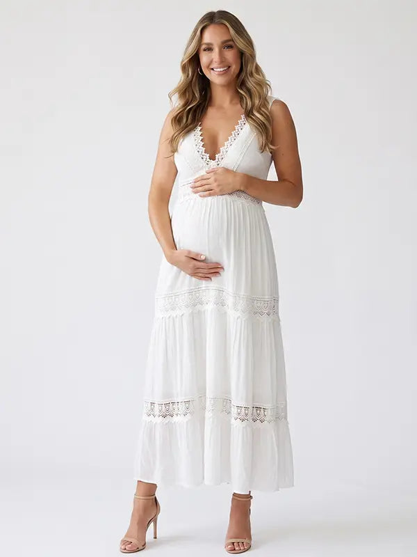 White V-Neck Maternity Dress, Boho Lace Maternity Maxi Dress for Baby Shower and Maternity Photoshoot | Bumplook