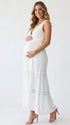 White V-Back Maternity Dress with Lace Trim and Flowy Tiered Maxi Skirt for Pregnancy Photoshoot | Bumplook