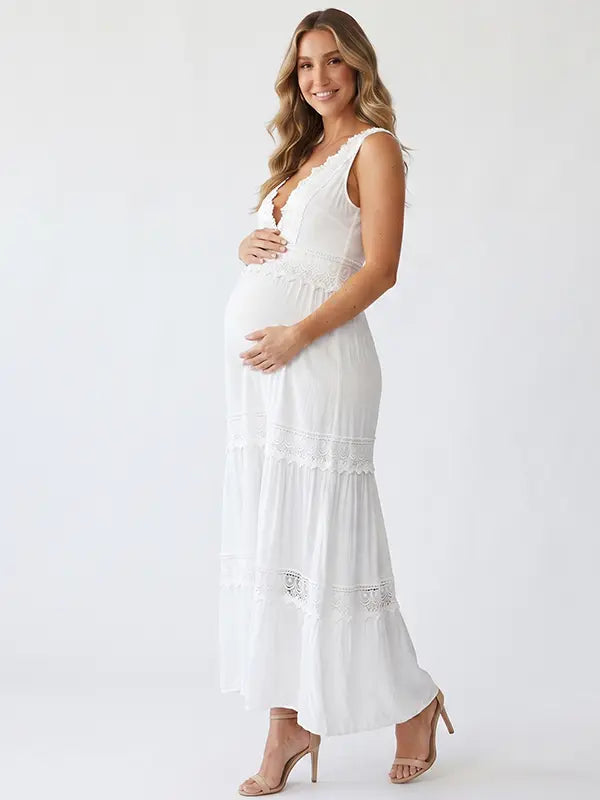 White V-Back Maternity Dress with Lace Trim and Flowy Tiered Maxi Skirt for Pregnancy Photoshoot | Bumplook