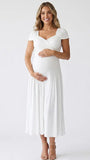 white wrap v neck short sleeve maternity maxi dress for baby shower and maternity photoshoot