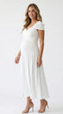 white wrap v neck short sleeve maternity maxi dress for baby shower and maternity photoshoot