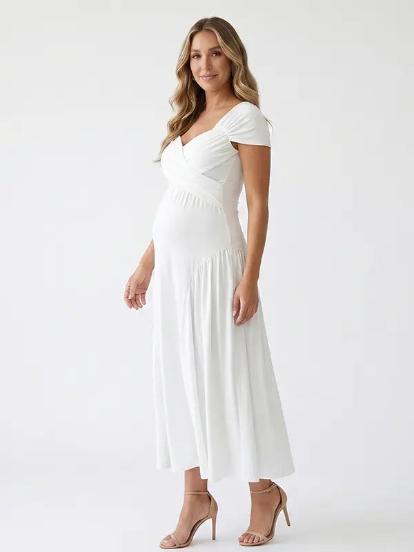 white wrap v neck short sleeve maternity maxi dress for baby shower and maternity photoshoot