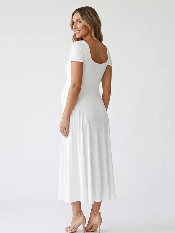 white wrap v neck short sleeve maternity maxi dress for baby shower and maternity photoshoot