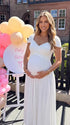 white wrap v neck short sleeve maternity maxi dress for baby shower and maternity photoshoot