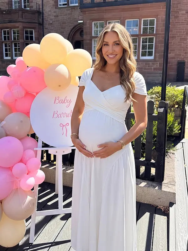 white wrap v neck short sleeve maternity maxi dress for baby shower and maternity photoshoot