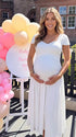 white wrap v neck short sleeve maternity maxi dress for baby shower and maternity photoshoot