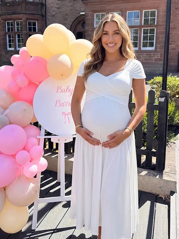white wrap v neck short sleeve maternity maxi dress for baby shower and maternity photoshoot