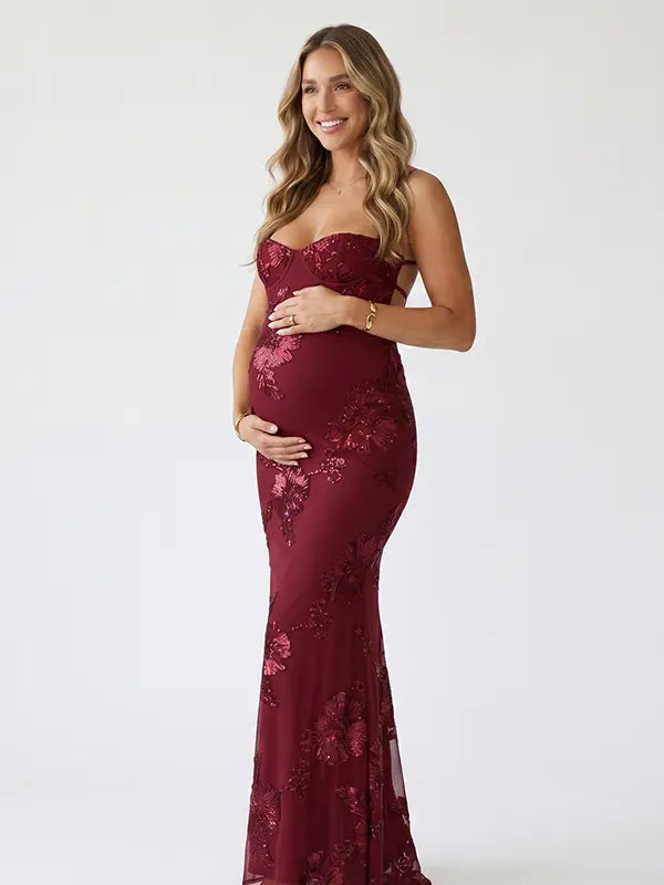 Burgundy Embroidered Floral Maternity Maxi Dress