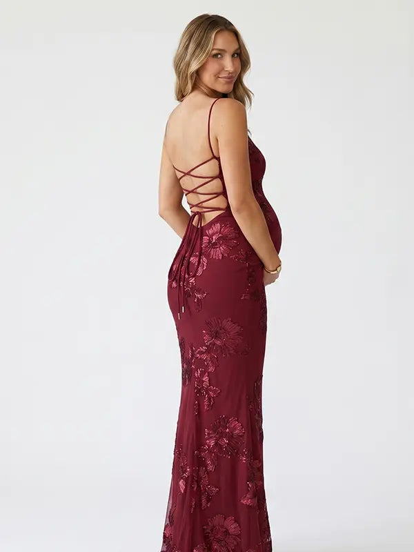 burgundy maternity dress embroidered floral mermaid lace up back bodycon pregnancy gown