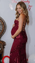 burgundy maternity dress embroidered floral mermaid lace up back bodycon pregnancy gown