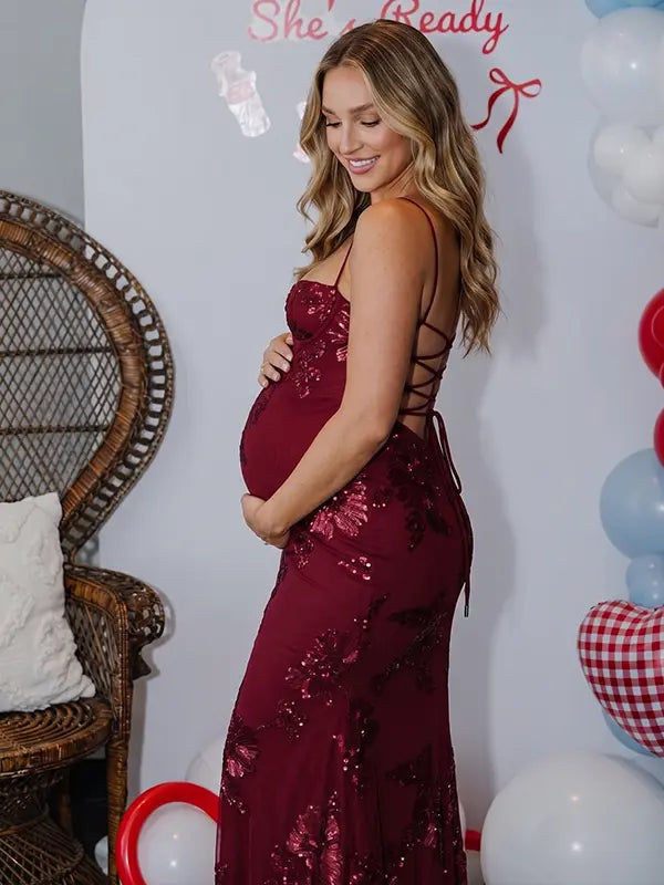 burgundy maternity dress embroidered floral mermaid lace up back bodycon pregnancy gown