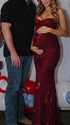 burgundy maternity dress embroidered floral mermaid lace up back bodycon pregnancy gown