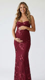 burgundy maternity dress embroidered floral mermaid lace up back bodycon pregnancy gown