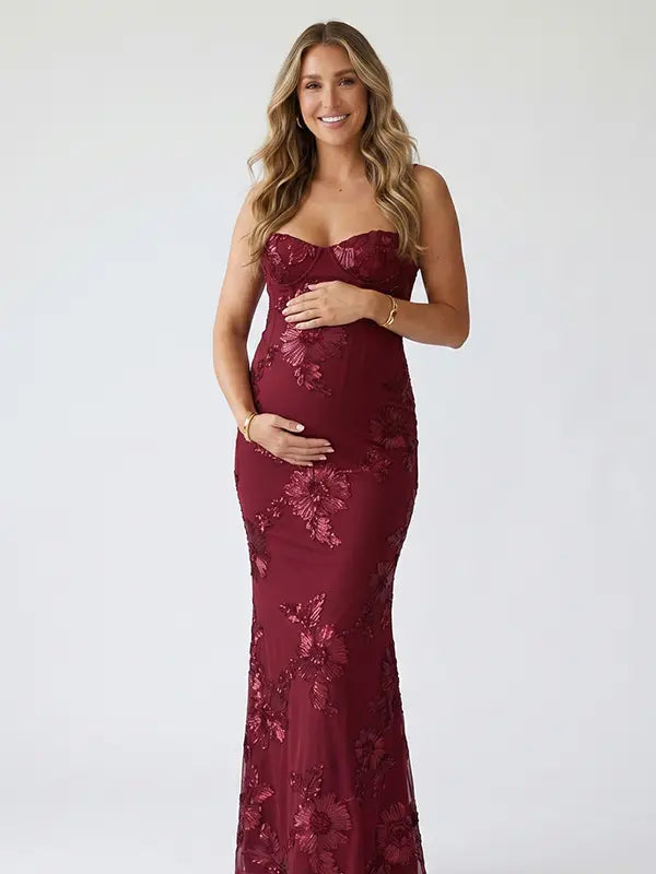 burgundy maternity dress embroidered floral mermaid lace up back bodycon pregnancy gown