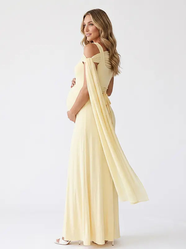 Pale Yellow Maternity Gown with Draped Cape Sleeves and Bump-Flattering Maxi Fit | Bumplook