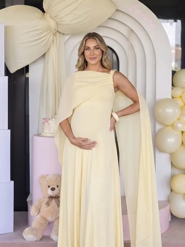 Yellow Baby Shower Maternity Dress with Elegant Cape Sleeves for Pregnancy Celebration | Bumplook
