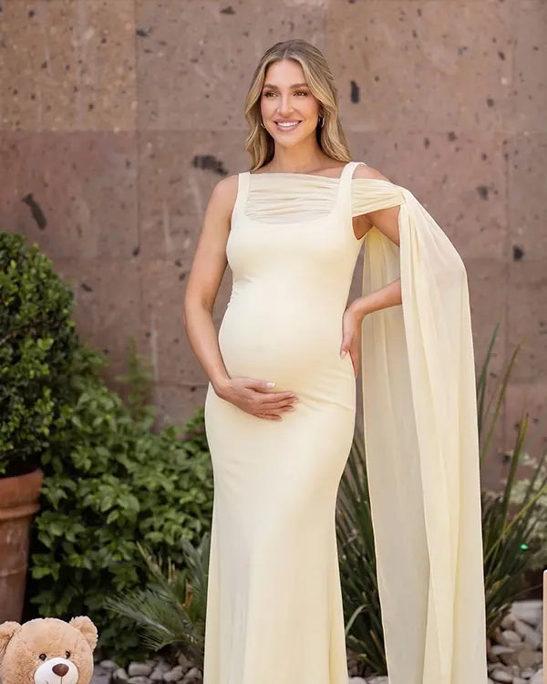 Butter Yellow Maternity Dress, Cape Sleeve Pregnancy Maxi Dress for Baby Shower and Maternity Photoshoot | Bumplook