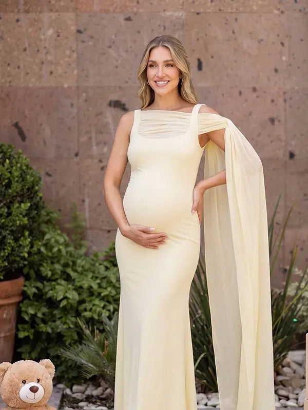Butter Yellow Maternity Dress, Cape Sleeve Pregnancy Maxi Dress for Baby Shower and Maternity Photoshoot | Bumplook