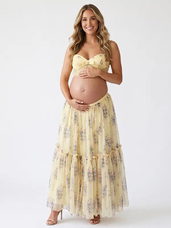 Yellow Floral Maternity Two Piece Set with Lace Crop Top and Maxi Skirt for Baby Shower and Maternity Photoshoot | Bumplook