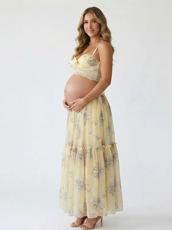Yellow Floral Maternity Crop Top and Maxi Skirt Set with Lace-Up Back and Tiered Skirt | Bumplook
