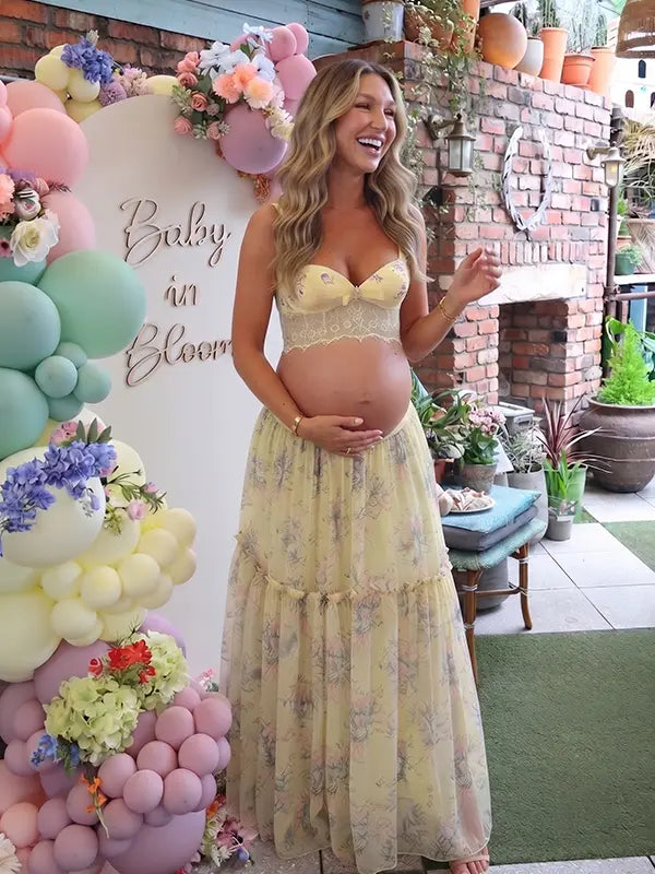 Yellow Floral Maternity Two Piece Set with Lace Crop Top and Maxi Skirt for Baby Shower and Maternity Photoshoot | Bumplook