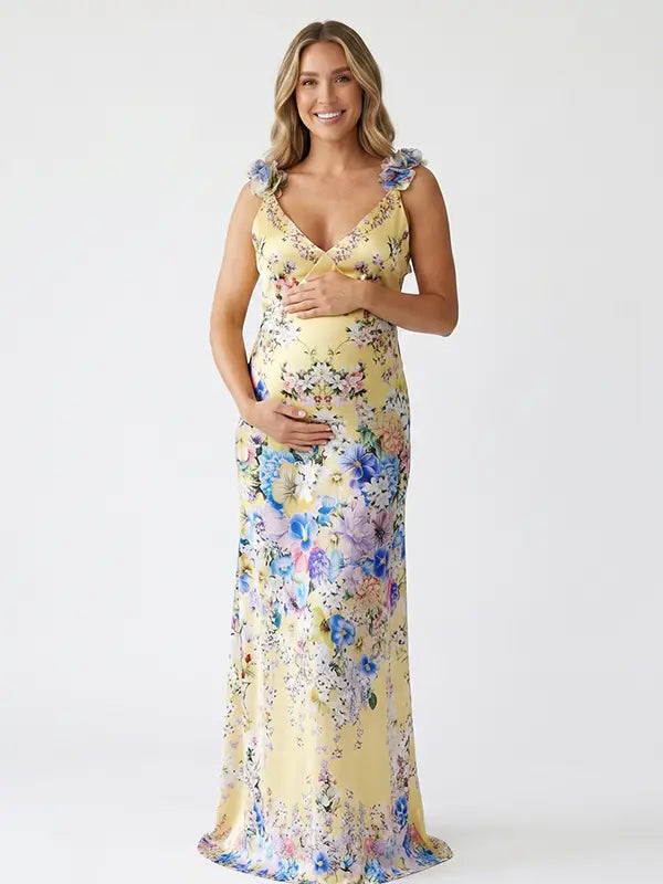 Yellow Floral Maternity Maxi Dress for Baby Shower and Maternity Photoshoot
