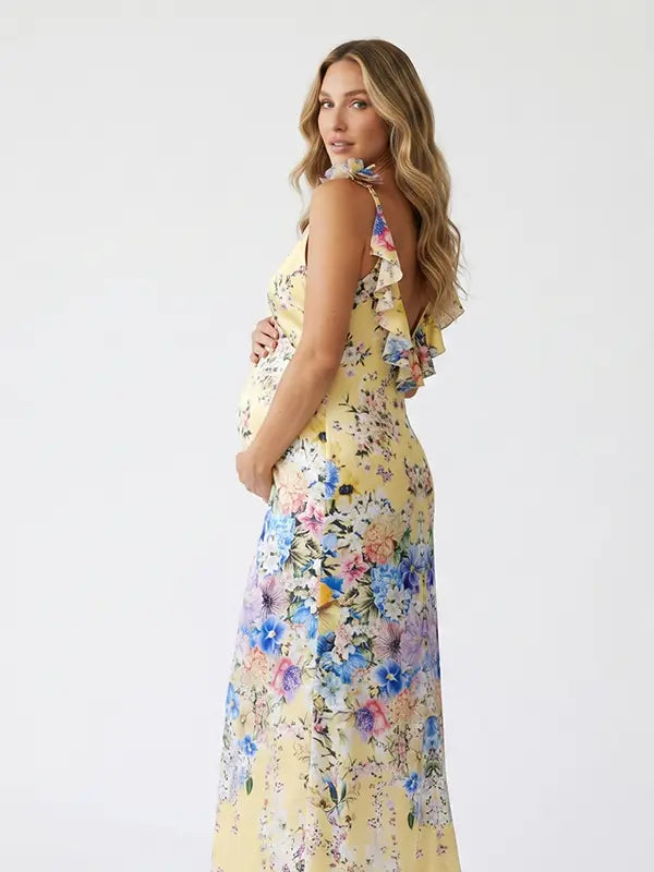 Yellow Floral Maternity Maxi Dress for Baby Shower and Maternity Photoshoot