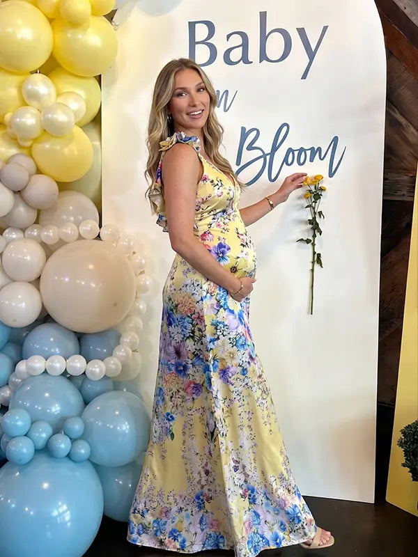 Yellow Floral Maternity Maxi Dress for Baby Shower and Maternity Photoshoot
