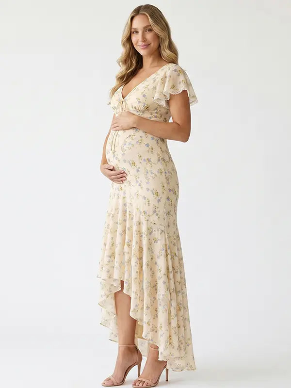 yellow floral maternity maxi dress with flutter sleeves and high low hem