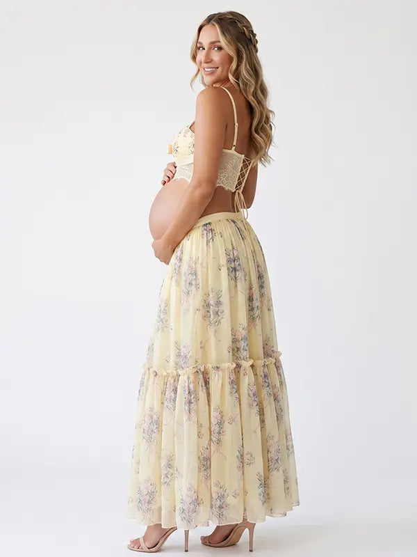 Yellow Floral Maternity Crop Top and Maxi Skirt Set with Lace-Up Back and Tiered Skirt | Bumplook