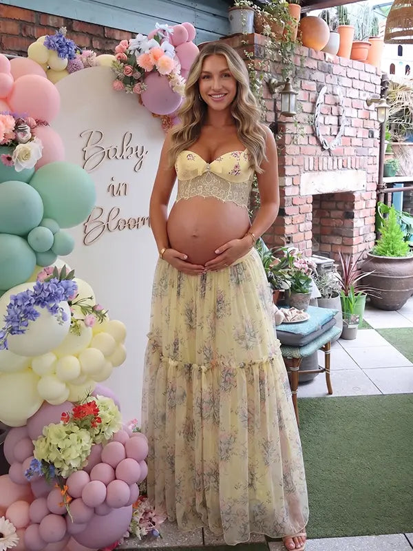 Yellow Floral Maternity Crop Top and Maxi Skirt Set with Lace-Up Back and Tiered Skirt | Bumplook