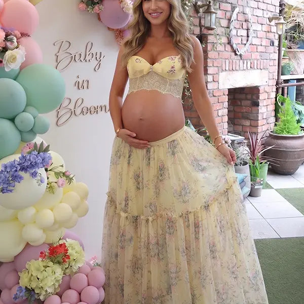 Yellow Floral Maternity Two Piece Set with Lace Crop Top and Maxi Skirt for Baby Shower and Maternity Photoshoot | Bumplook