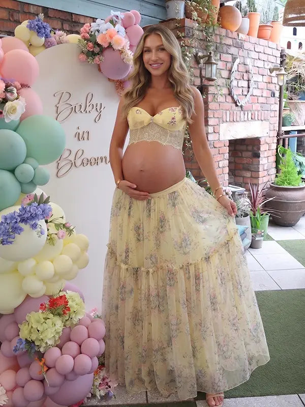 Yellow Floral Maternity Two Piece Set with Lace Crop Top and Maxi Skirt for Baby Shower and Maternity Photoshoot | Bumplook