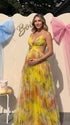 yellow floral mesh maternity maxi dress with lace up back and flowy skirt