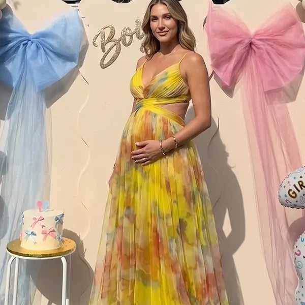 yellow floral mesh maternity maxi dress with lace up back and flowy skirt