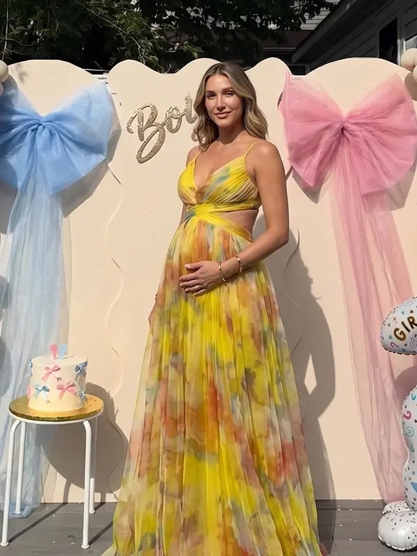 yellow floral mesh maternity maxi dress with lace up back and flowy skirt