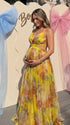 yellow floral mesh maternity maxi dress with lace up back and flowy skirt