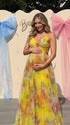 yellow floral mesh maternity maxi dress with lace up back and flowy skirt