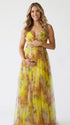 yellow floral mesh maternity maxi dress with lace up back and flowy skirt