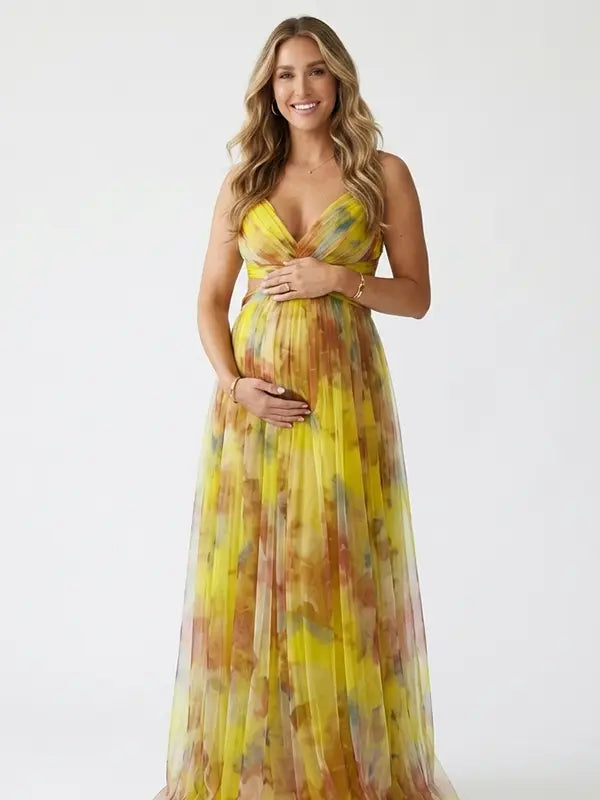 yellow floral mesh maternity maxi dress with lace up back and flowy skirt