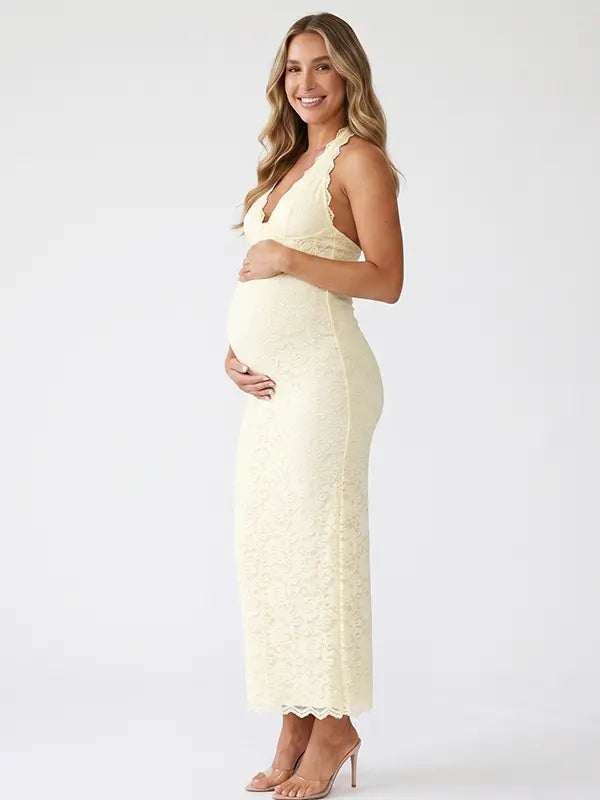 Yellow Open Back Lace Maternity Dress with Back Slit | Bumplook