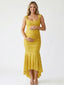 Yellow Jacquard Maternity Midi Dress – Corset Pregnancy Dress with Ruched Detail & High Low Hem