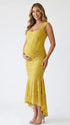 yellow jacquard maternity midi dress with corset bodice and high low hem