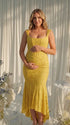 yellow jacquard maternity midi dress with corset bodice and high low hem