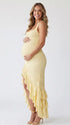 Yellow Baby Shower Maternity Dress with Floral Lace, Side Slit and Cascading Ruffles | Bumplook