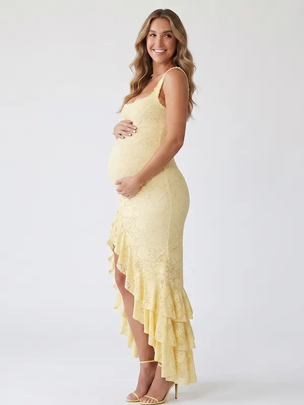 Yellow Baby Shower Maternity Dress with Floral Lace, Side Slit and Cascading Ruffles | Bumplook