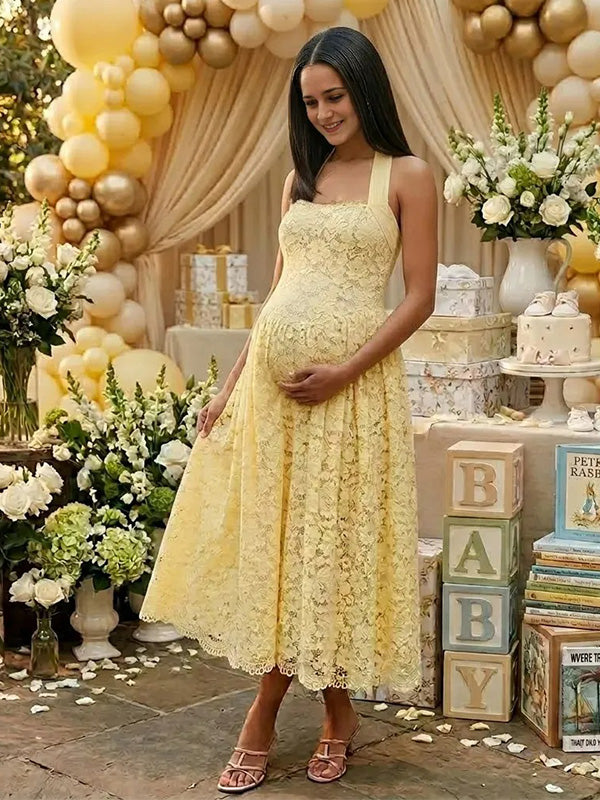 Elegant maternity photoshoot dress in yellow lace halter style